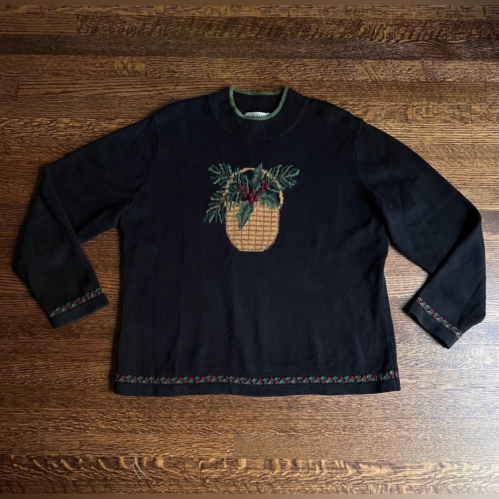 Vintage Berry Basket Sweater, Thick Cotton Holiday Sweater, Embroidered - Picture 2 of 6